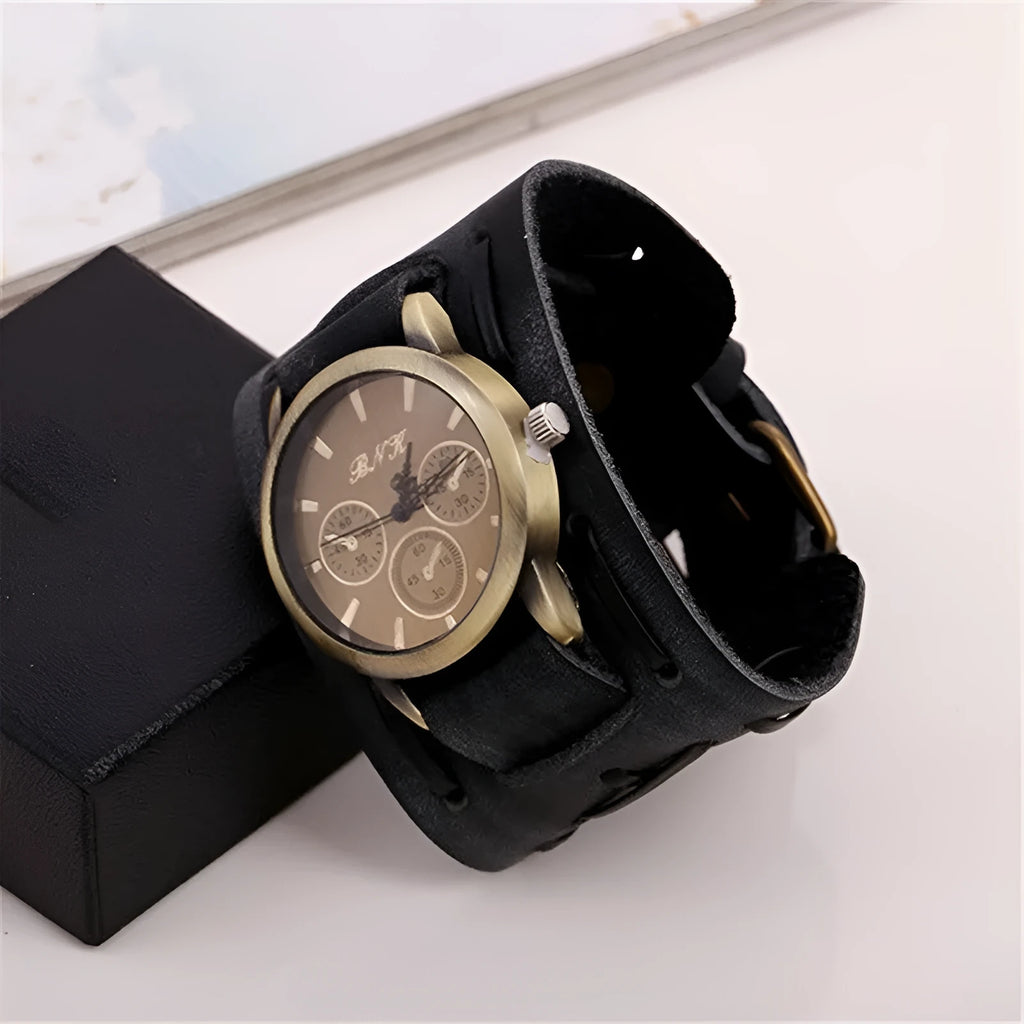 Retro cowhide punk watch for men with 46mm dial, world time, and 24-hour indication in antique style