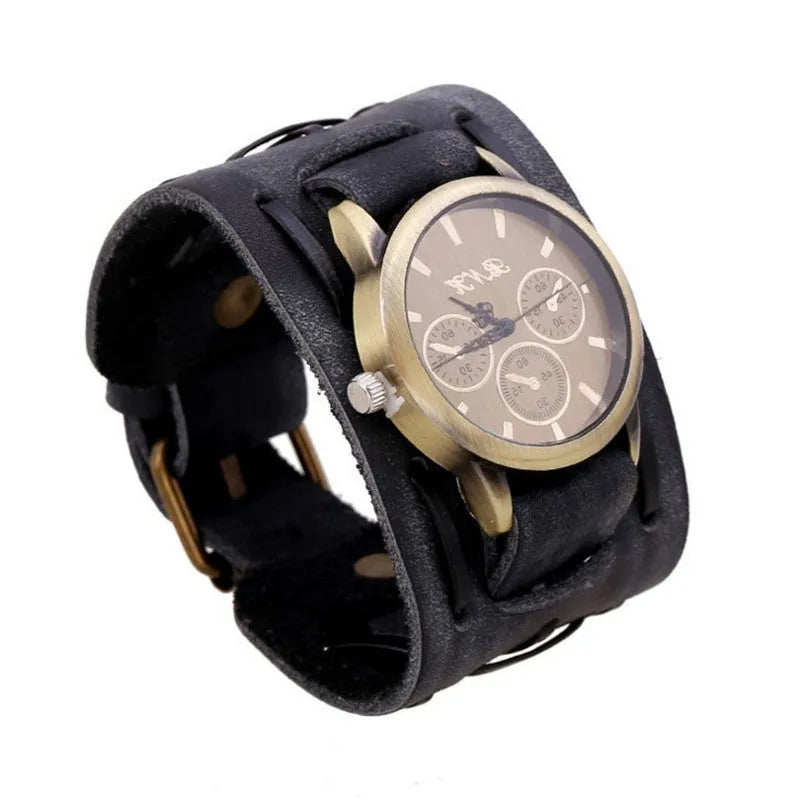Retro cowhide punk watch for men with 46mm dial, world time, and 24-hour indication in antique style