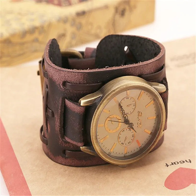 Retro cowhide punk watch for men with 46mm dial, world time, and 24-hour indication in antique style