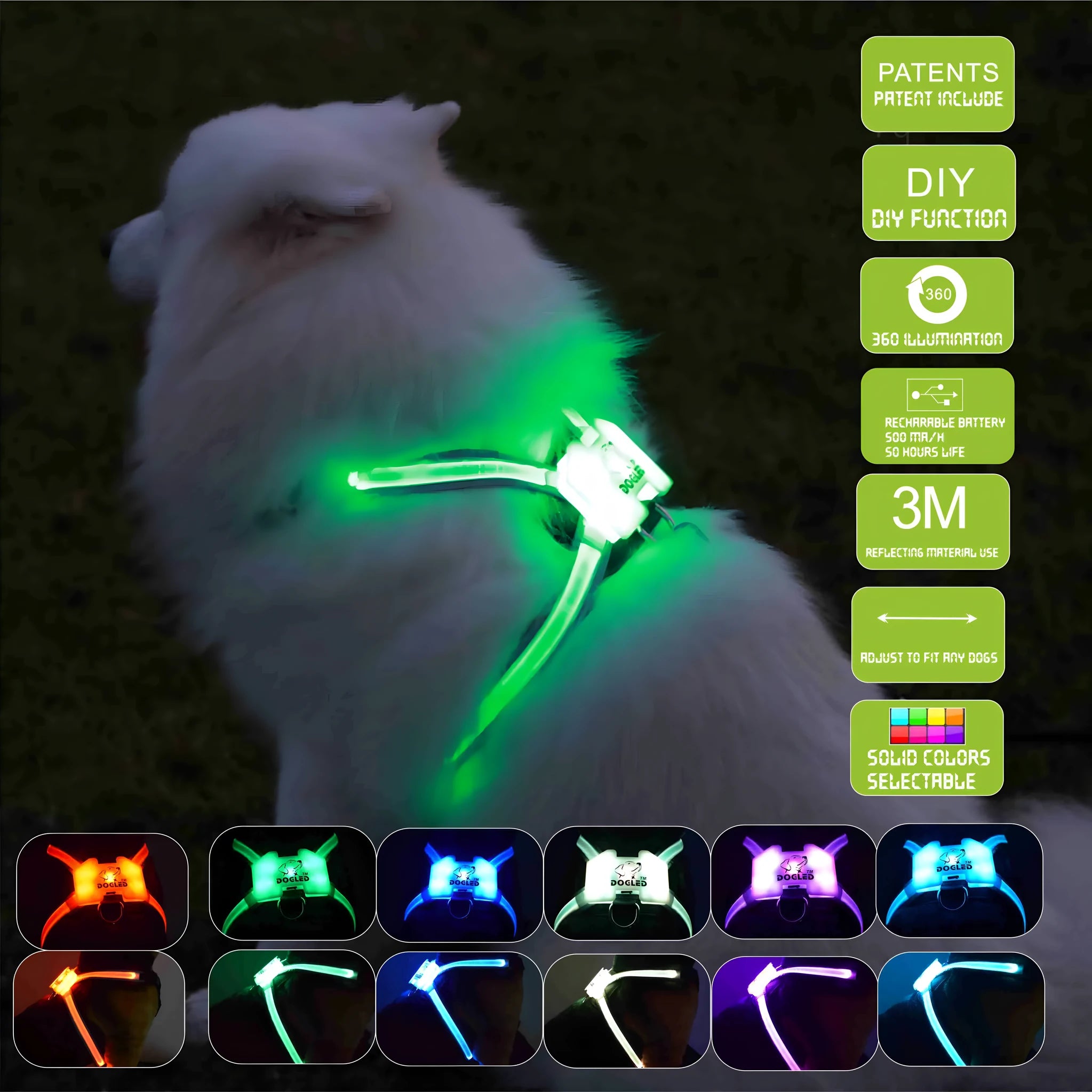 LED dog collar USB rechargeable silicone for dogs with size options S M L XL 2XL