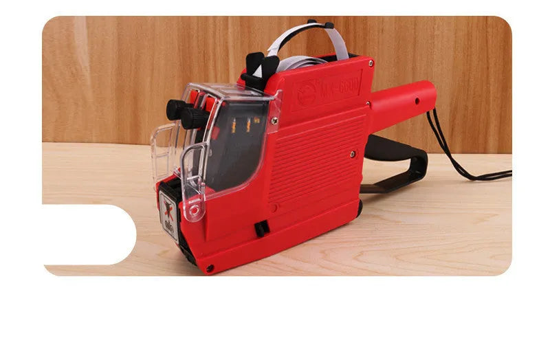 Manual supermarket price labelling machine in blue, red, or yellow with bottle-style packaging.