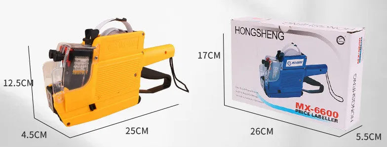 Manual supermarket price labelling machine in blue, red, or yellow with bottle-style packaging.