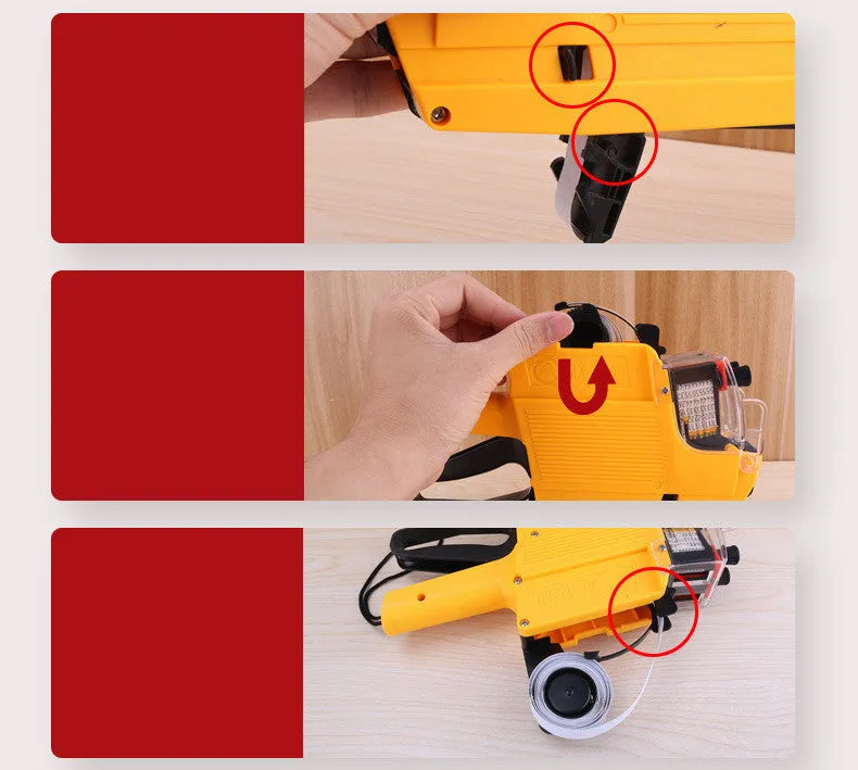 Manual supermarket price labelling machine in blue, red, or yellow with bottle-style packaging.