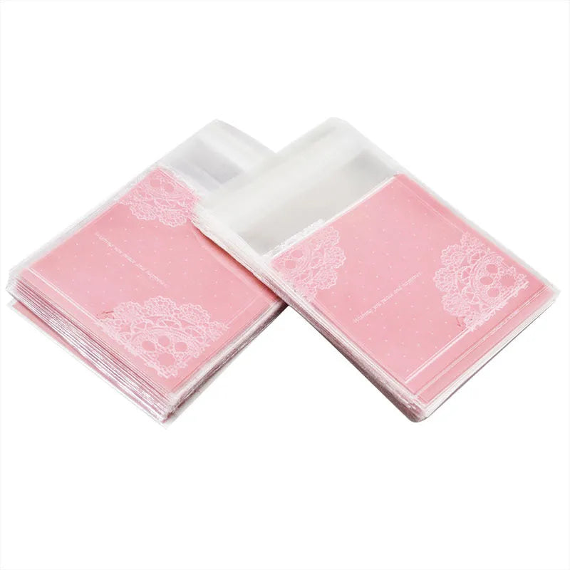 Pink self-adhesive plastic packaging bag for handmade soap and snacks with gusset.
