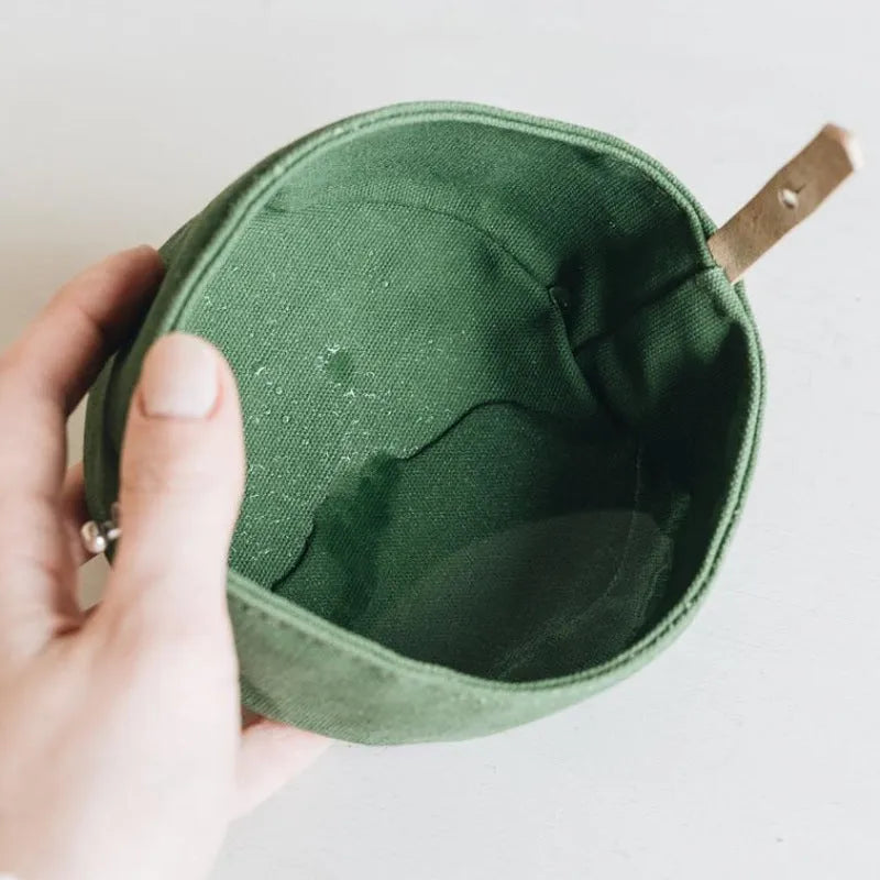 Waterproof foldable travel dog bowl in oil wax canvas round shape 150x75mm green and grey colour options