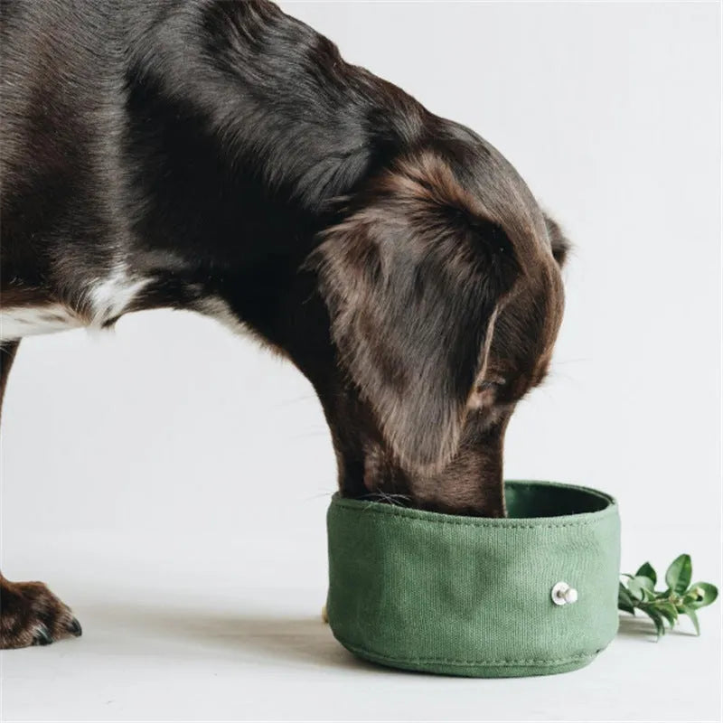Waterproof foldable travel dog bowl in oil wax canvas round shape 150x75mm green and grey colour options