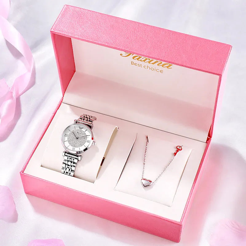 Women's rose gold gypsophila alloy quartz watch with 32mm dial and matching titanium steel heart-shaped necklace