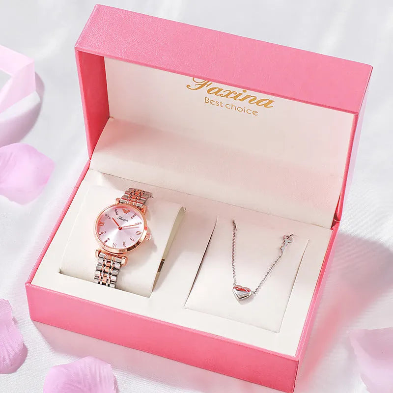 Women's rose gold gypsophila alloy quartz watch with 32mm dial and matching titanium steel heart-shaped necklace