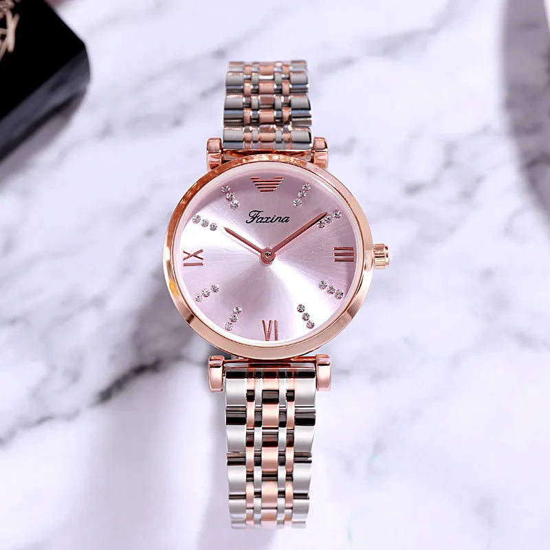 Women's rose gold gypsophila alloy quartz watch with 32mm dial and matching titanium steel heart-shaped necklace