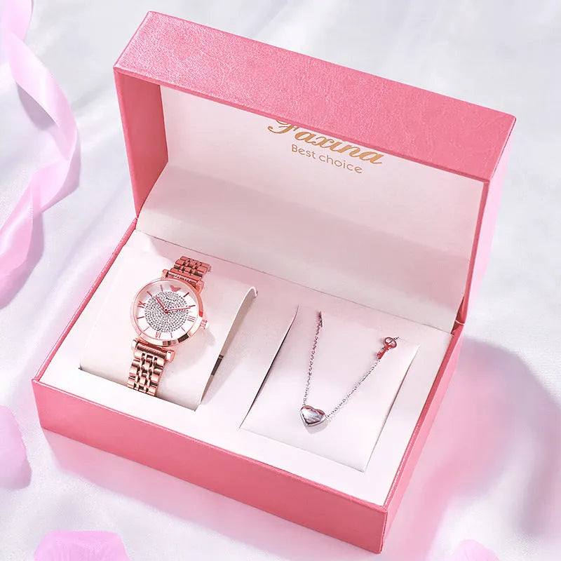 Women's rose gold gypsophila alloy quartz watch with 32mm dial and matching titanium steel heart-shaped necklace