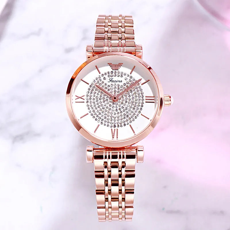 Women's rose gold gypsophila alloy quartz watch with 32mm dial and matching titanium steel heart-shaped necklace