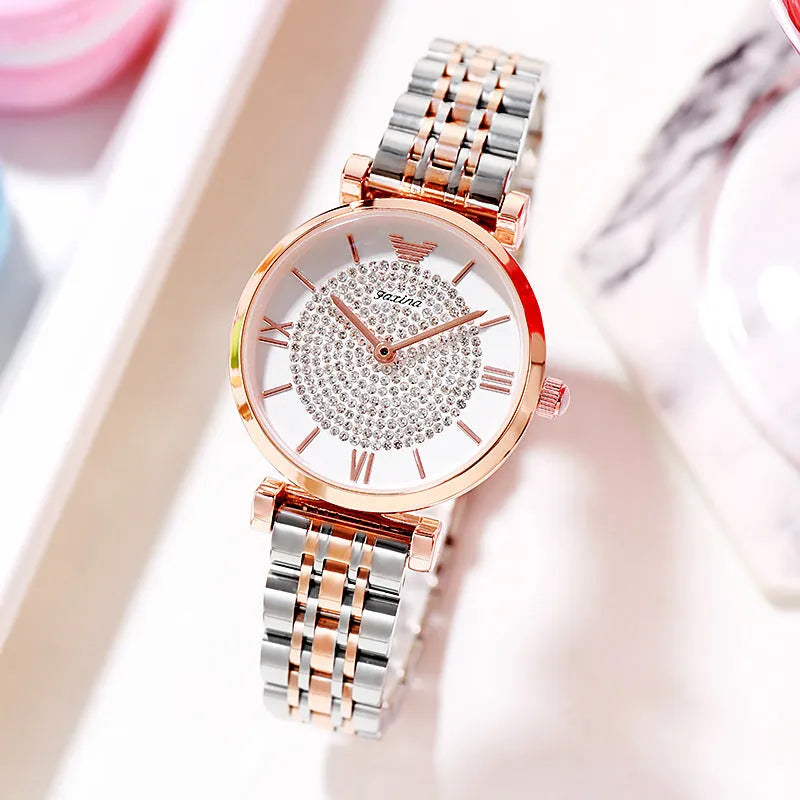 Women's rose gold gypsophila alloy quartz watch with 32mm dial and matching titanium steel heart-shaped necklace