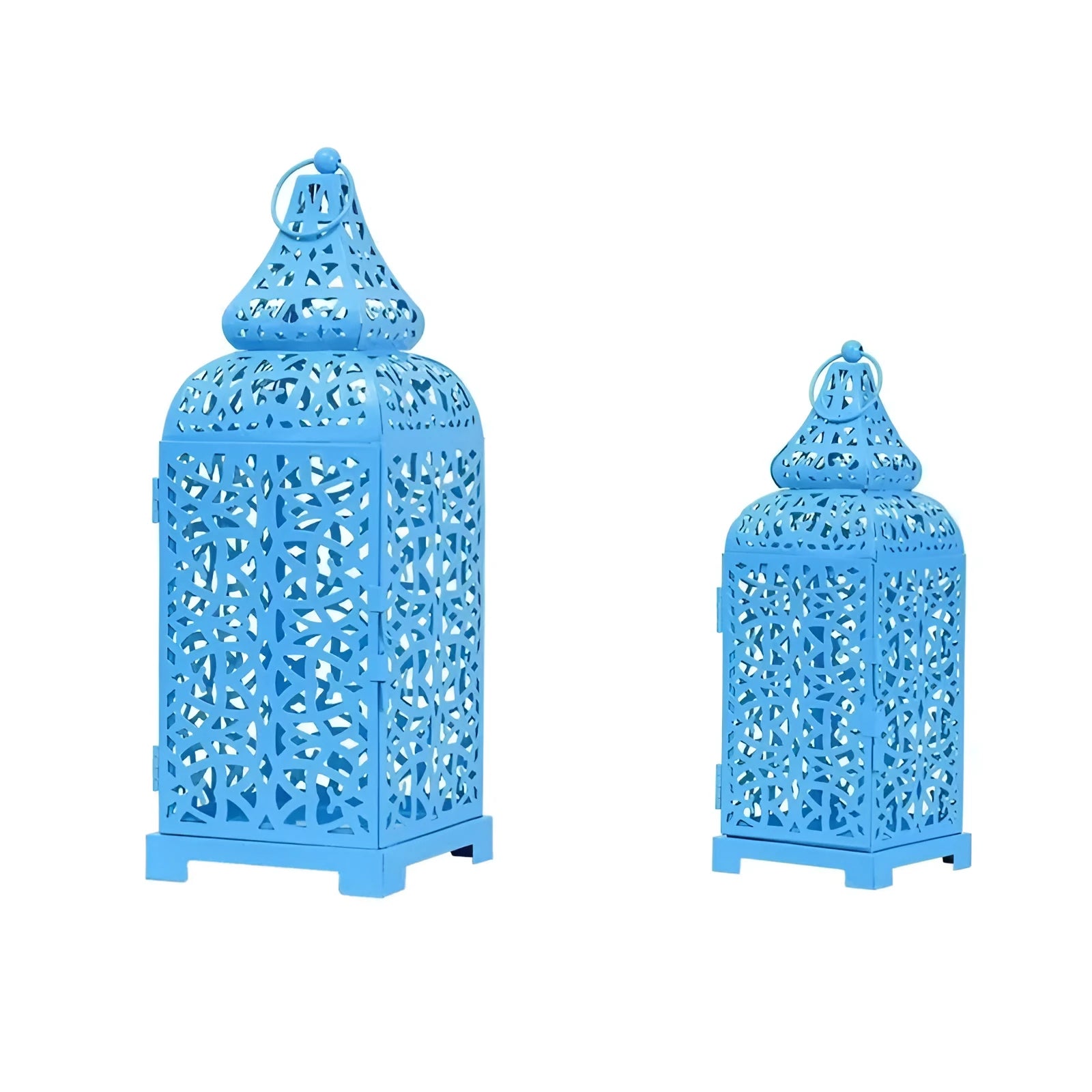 A blue iron candelabro with geometric hollow design, standing 38 cm tall on a table.