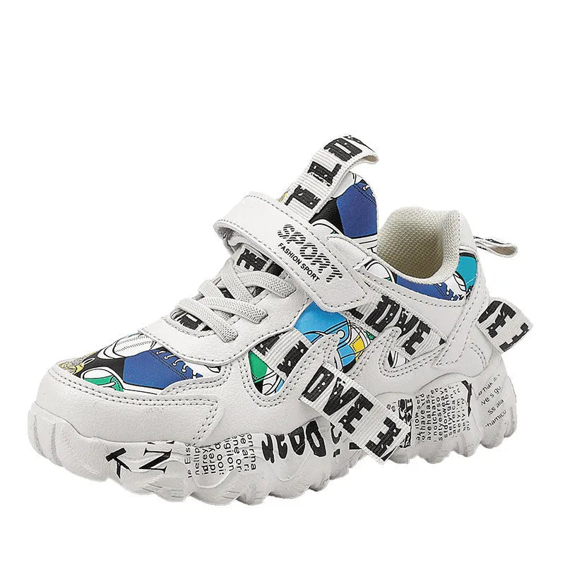 Kids' blue and beige Velcro sneakers with a thick rubber sole on a white background.