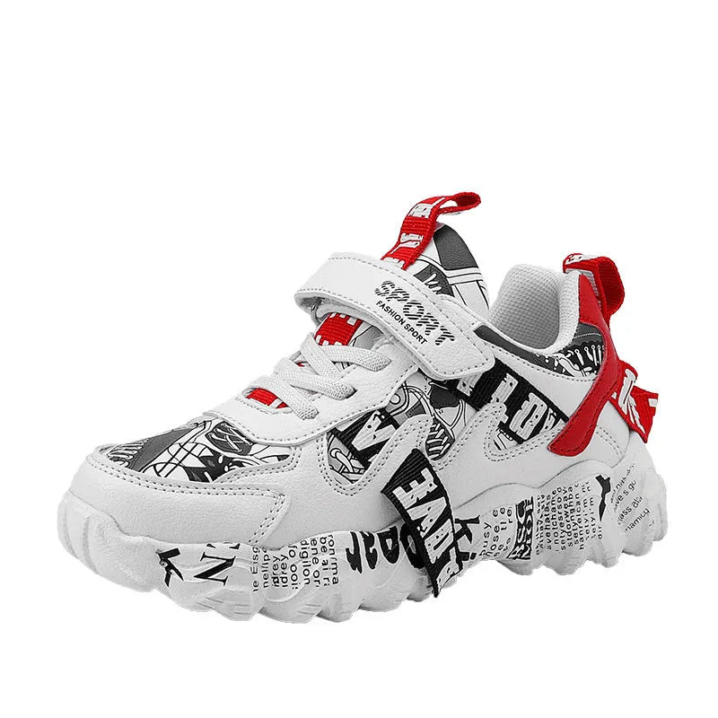Kids' blue and beige Velcro sneakers with a thick rubber sole on a white background.