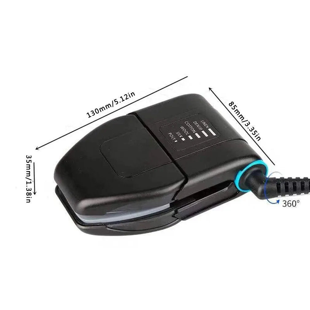 Portable folding mini electric iron shown closed for travel and open for use