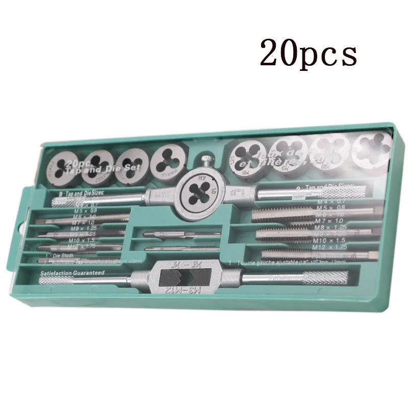 Hand tap and die set with alloy steel metric taps and dies for manual threading, silver or titanium-plated finish options
