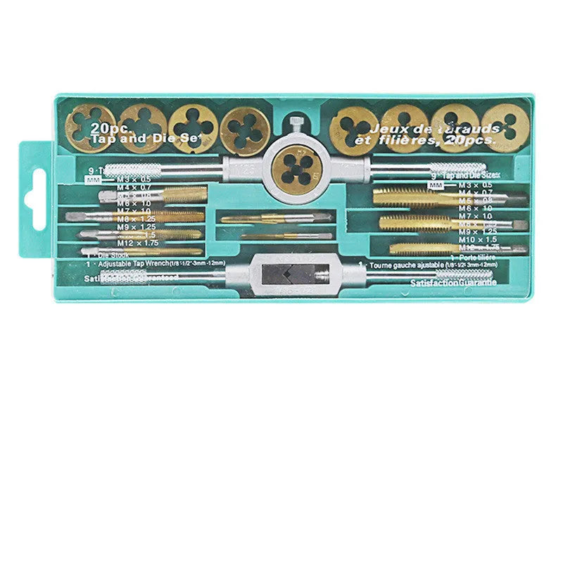 Hand tap and die set with alloy steel metric taps and dies for manual threading, silver or titanium-plated finish options