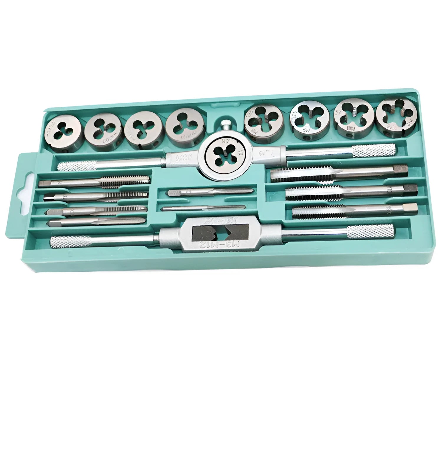 Hand tap and die set with alloy steel metric taps and dies for manual threading, silver or titanium-plated finish options