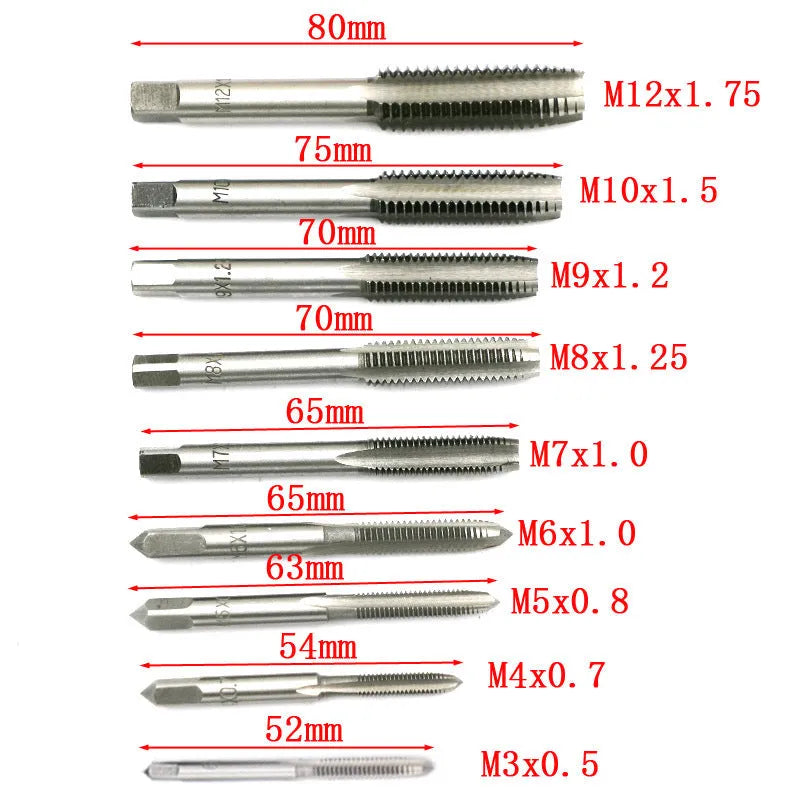 Hand tap and die set with alloy steel metric taps and dies for manual threading, silver or titanium-plated finish options