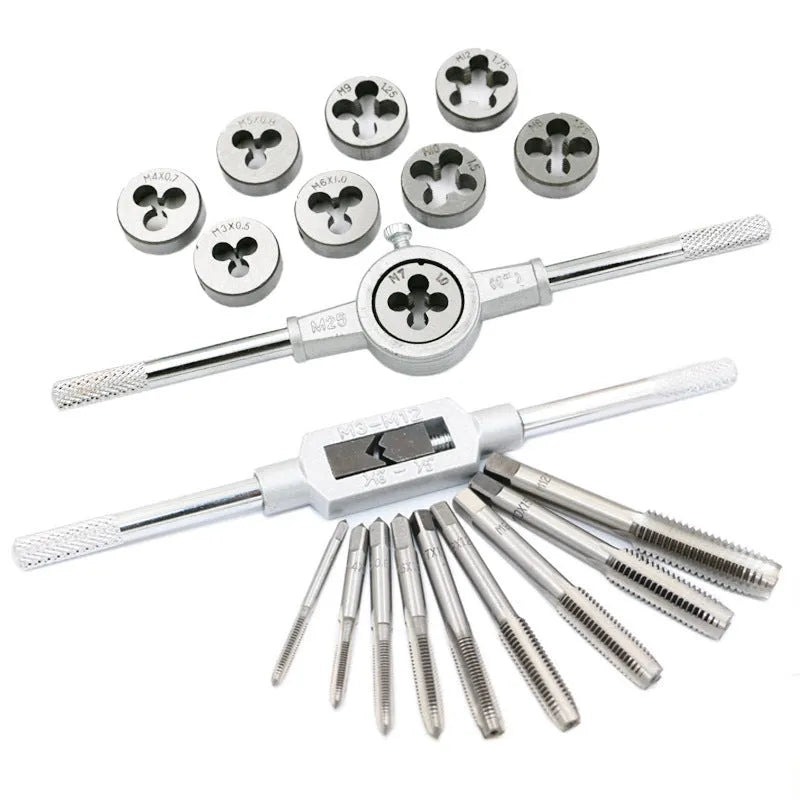 Hand tap and die set with alloy steel metric taps and dies for manual threading, silver or titanium-plated finish options