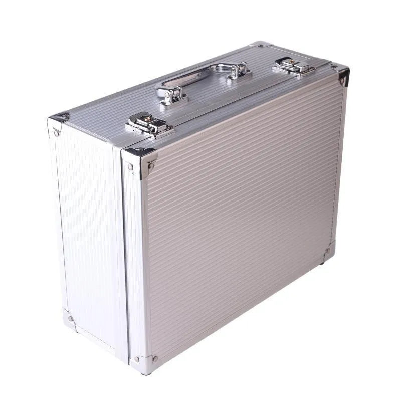 Black aluminium alloy tattoo equipment storage box for organising a tattoo kit.