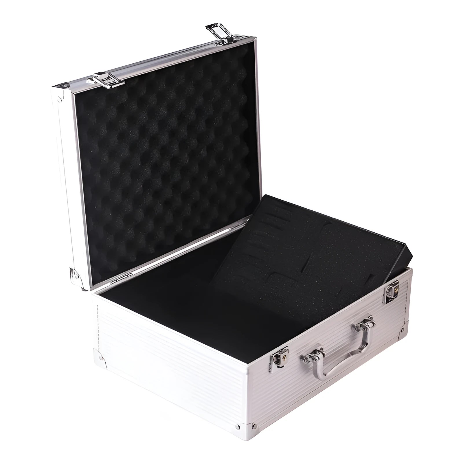 Black aluminium alloy tattoo equipment storage box for organising a tattoo kit.