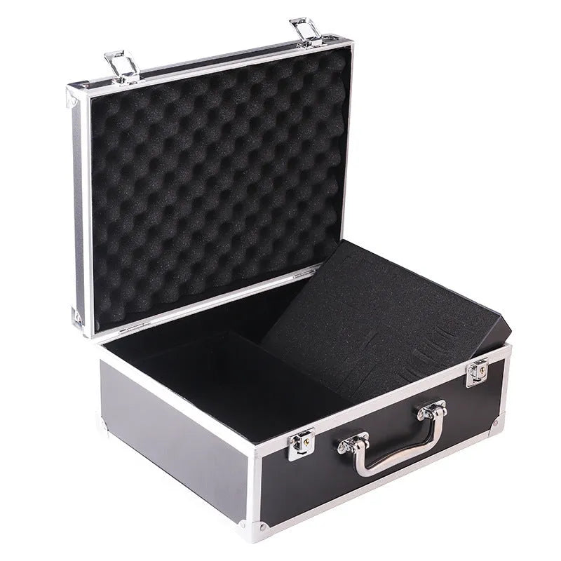 Black aluminium alloy tattoo equipment storage box for organising a tattoo kit.