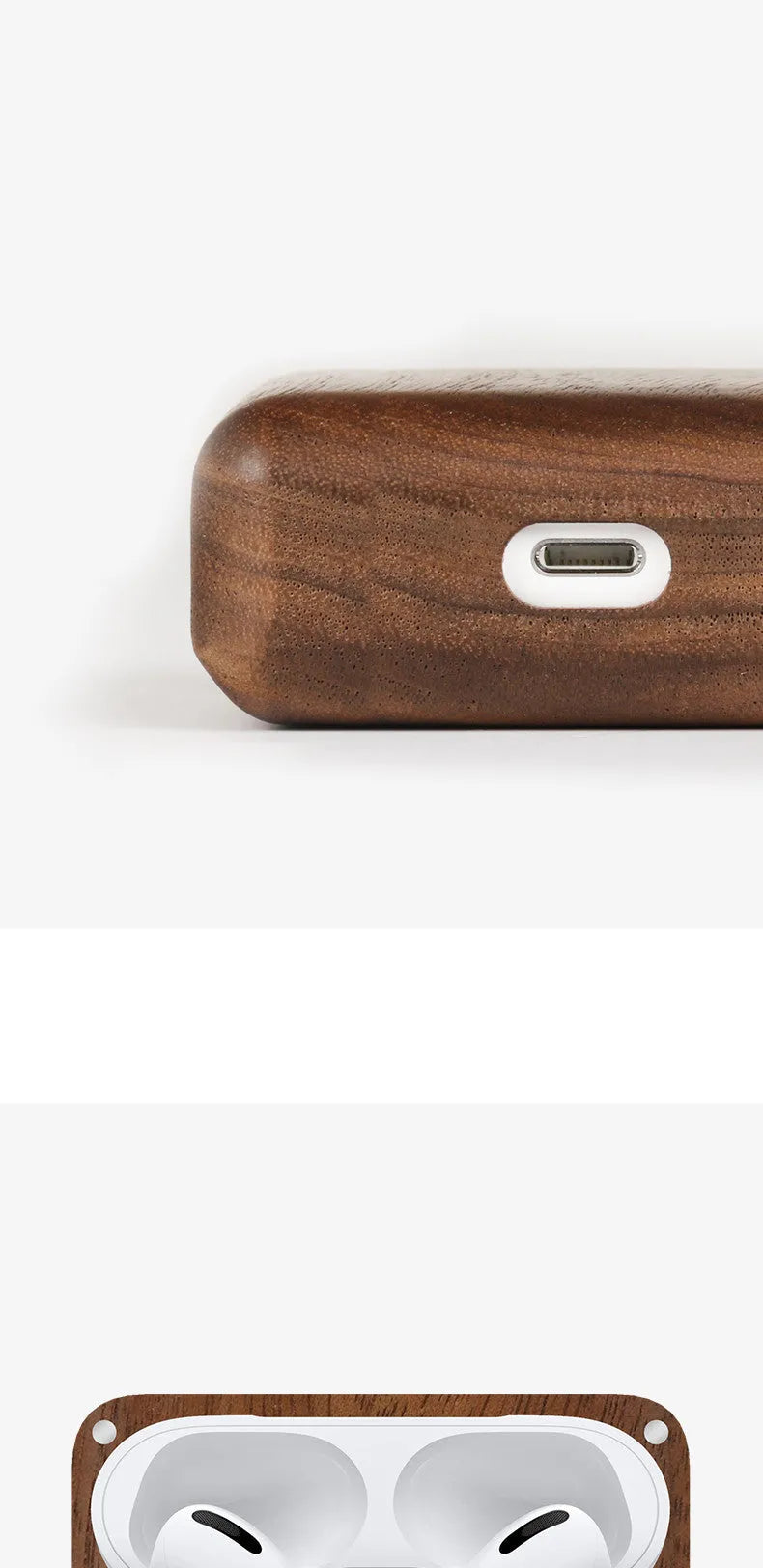 LZL W1-1 wooden hard shell case for Bluetooth earphones with lanyard in bamboo finish.