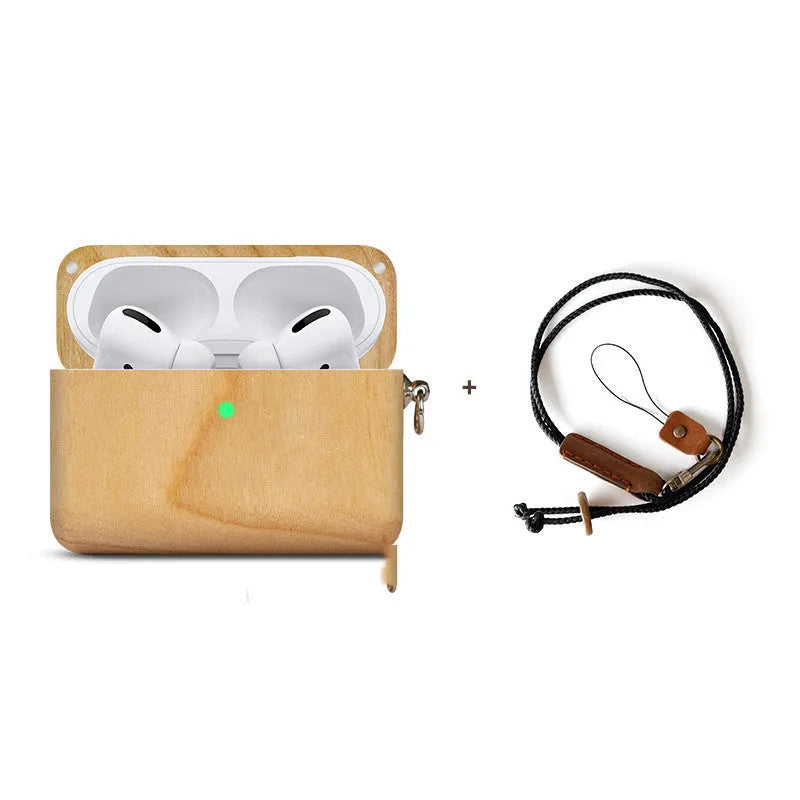 LZL W1-1 wooden hard shell case for Bluetooth earphones with lanyard in bamboo finish.