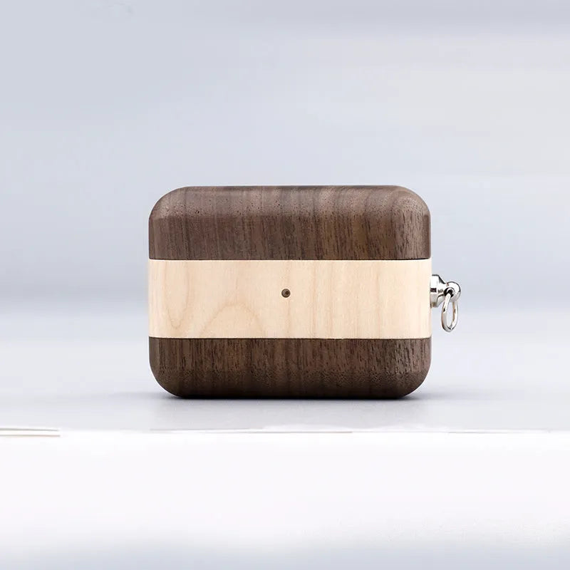 LZL W1-1 wooden hard shell case for Bluetooth earphones with lanyard in bamboo finish.