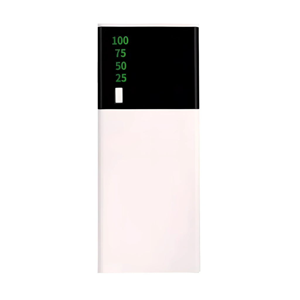 Black 20000mAh power bank with charging cable showing compact rectangular design