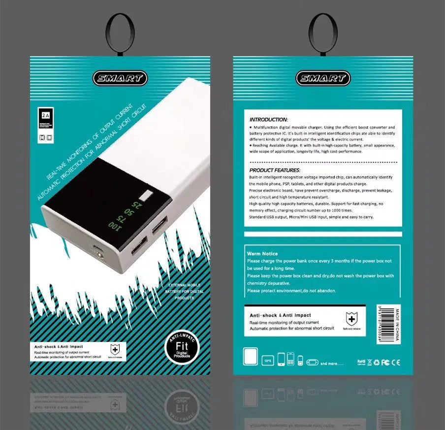 Black 20000mAh power bank with charging cable showing compact rectangular design