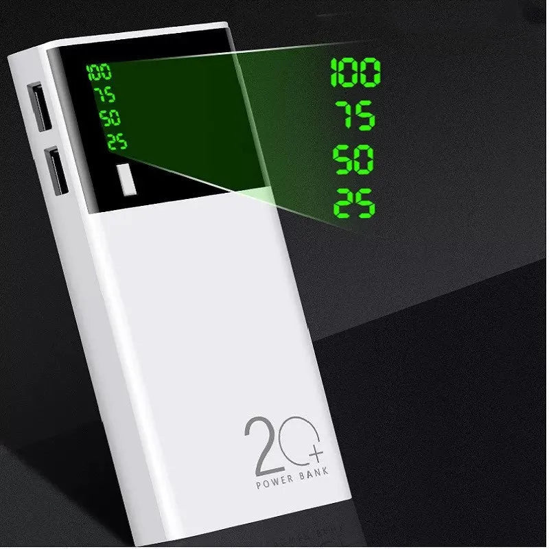 Black 20000mAh power bank with charging cable showing compact rectangular design