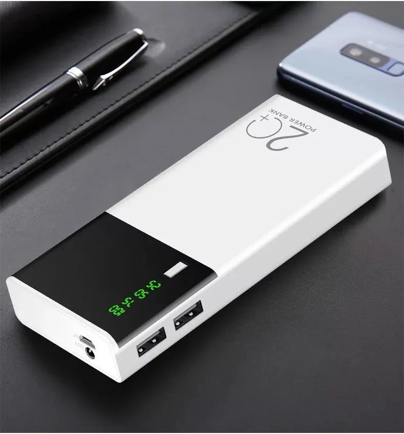 Black 20000mAh power bank with charging cable showing compact rectangular design