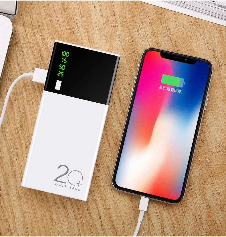 Black 20000mAh power bank with charging cable showing compact rectangular design