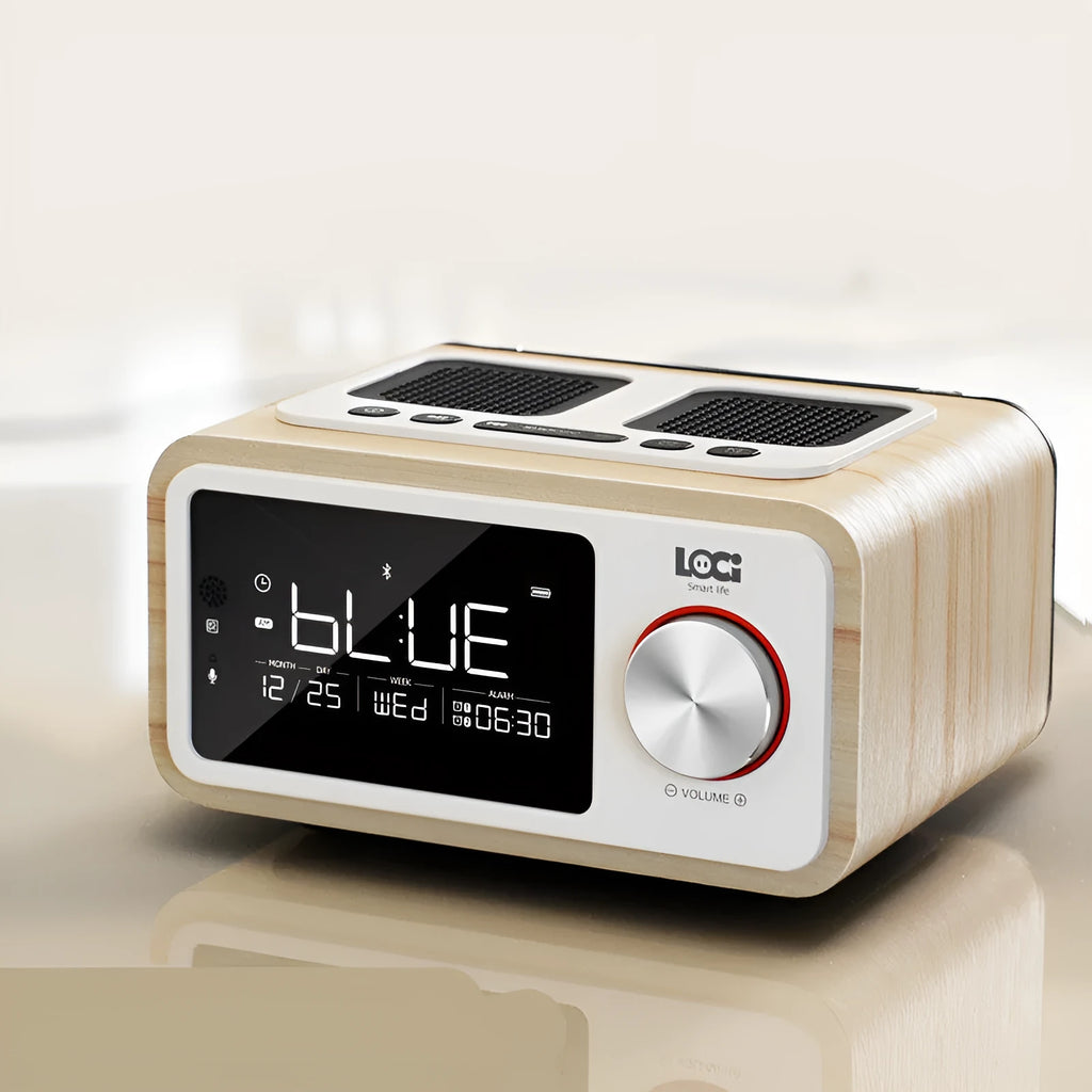 Wooden Bluetooth speaker alarm clock radio in golden oil or wood colour, compact 160x130x92mm size