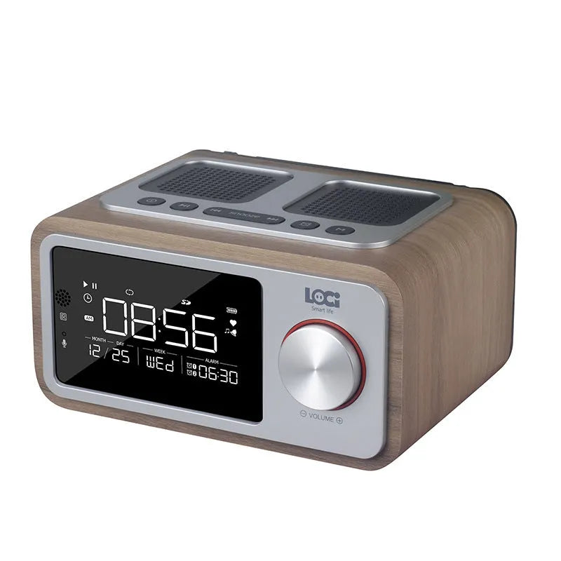 Wooden Bluetooth speaker alarm clock radio in golden oil or wood colour, compact 160x130x92mm size