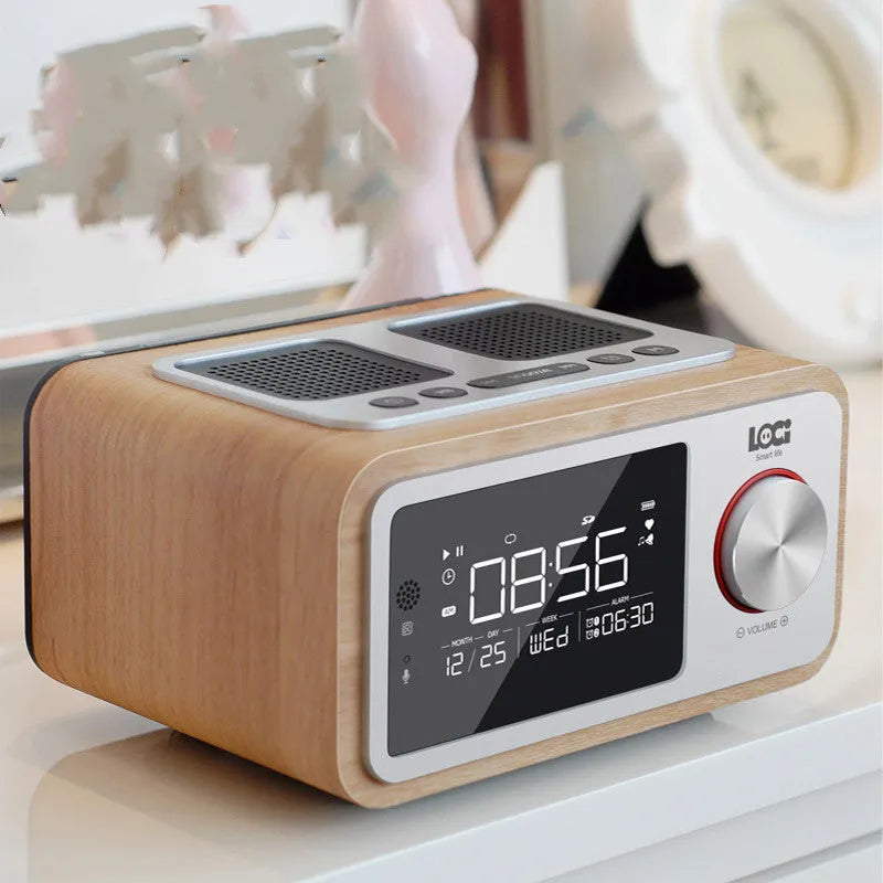 Wooden Bluetooth speaker alarm clock radio in golden oil or wood colour, compact 160x130x92mm size