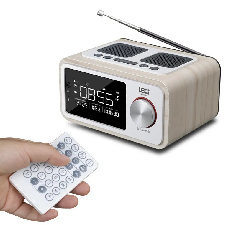 Wooden Bluetooth speaker alarm clock radio in golden oil or wood colour, compact 160x130x92mm size
