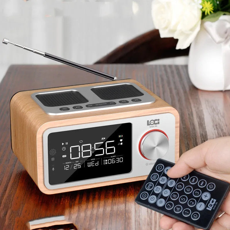 Wooden Bluetooth speaker alarm clock radio in golden oil or wood colour, compact 160x130x92mm size