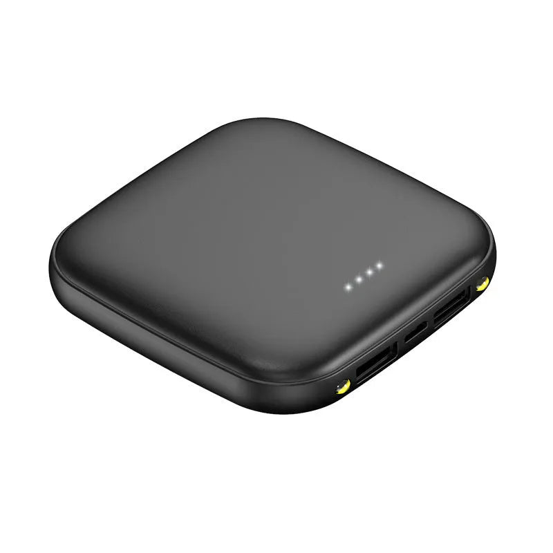 Compact black plastic 20000 mAh power bank with an LED flashlight, shown with dimensions.