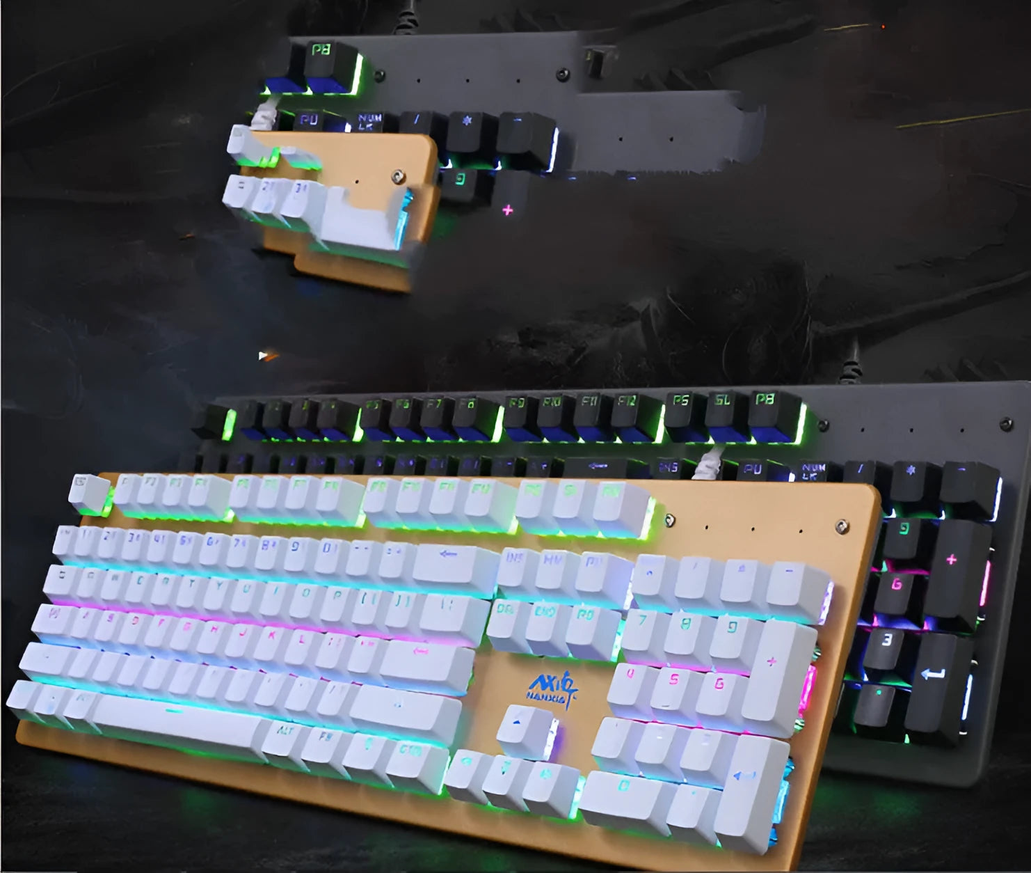 Metal USB mechanical gaming keyboard with green switches and backlit keys in various colour options