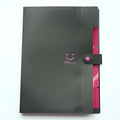 Transparent A4 plastic document file bag with coloured binding edge holding papers