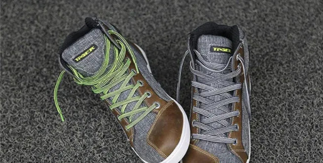 Men's black and grey summer motorcycle casual short boots showing breathable construction and riding shoe design
