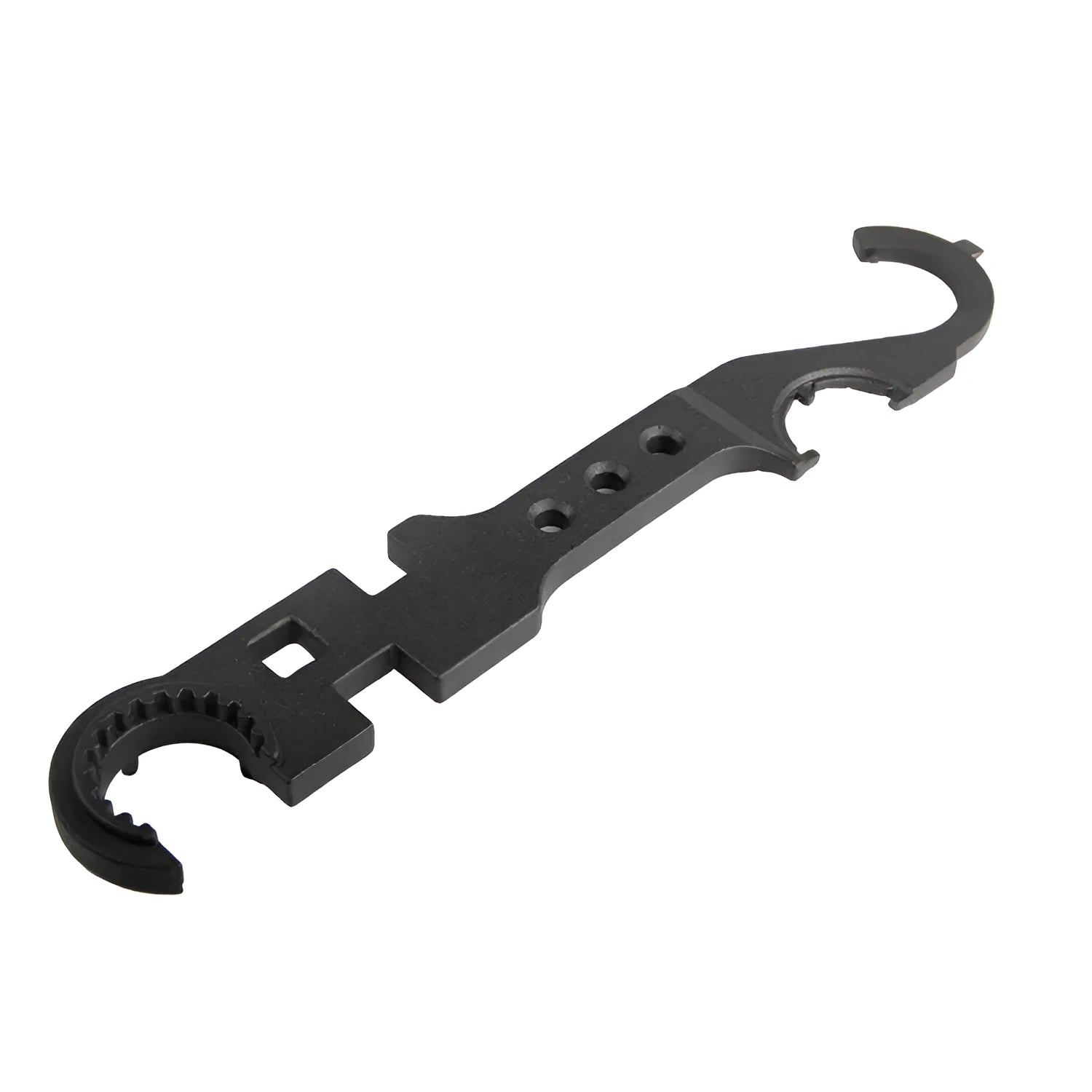 Black all-steel dual-purpose combination wrench for AR-15 and M4 rifle maintenance on a workshop bench.