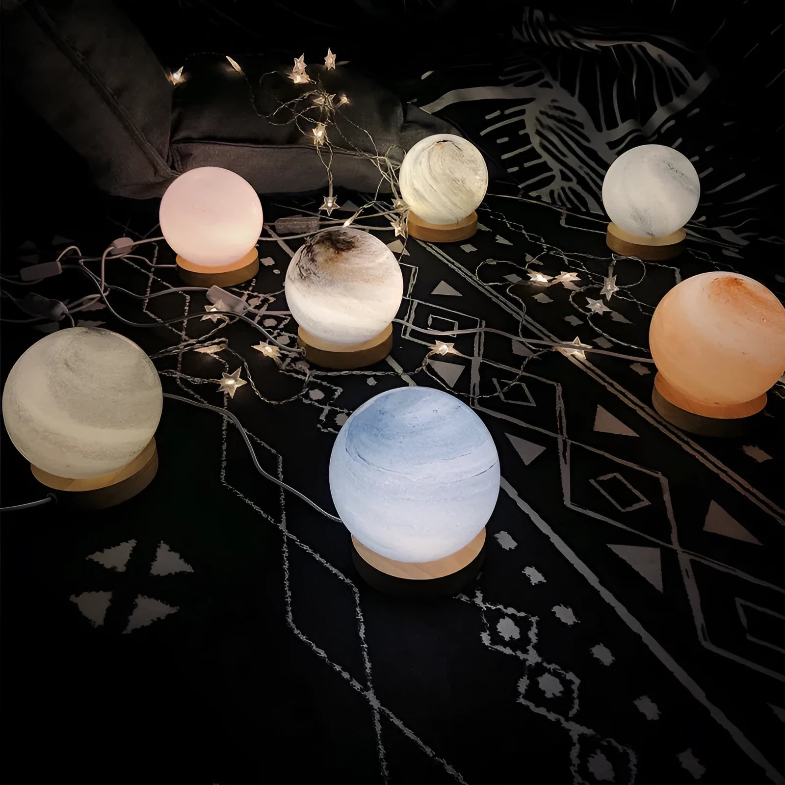 Nordic style table lamp with glass shade in one of seven colours, powered by USB cable.