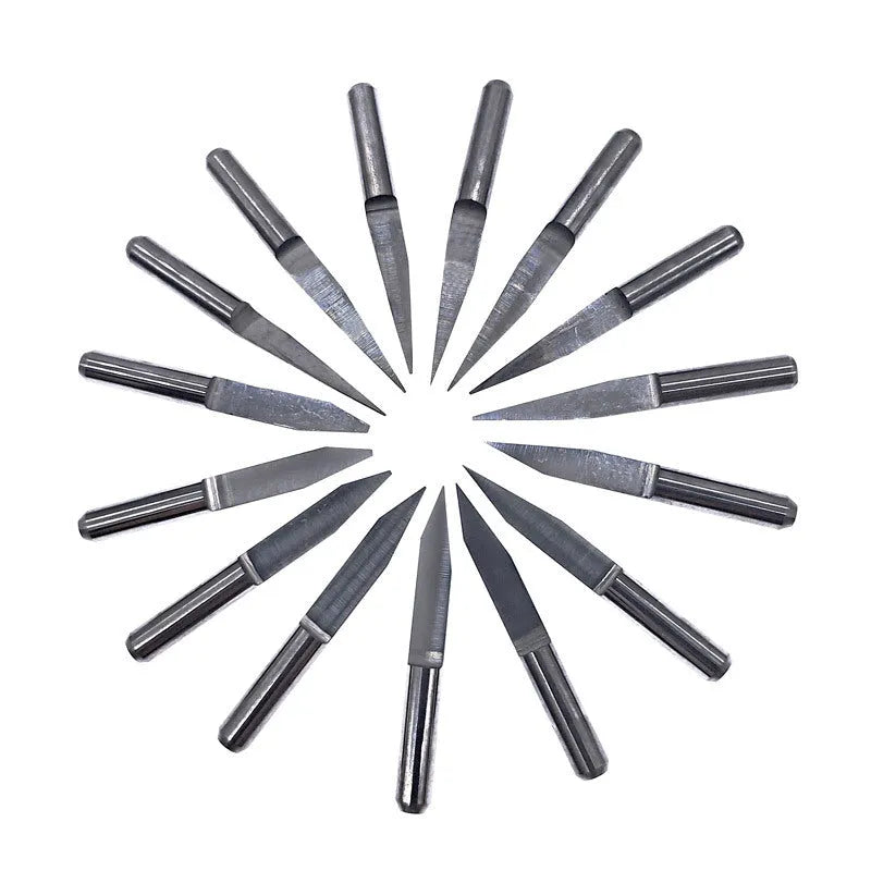 Set of ten tungsten steel milling cutters with 45-degree angles for acrylic engraving.
