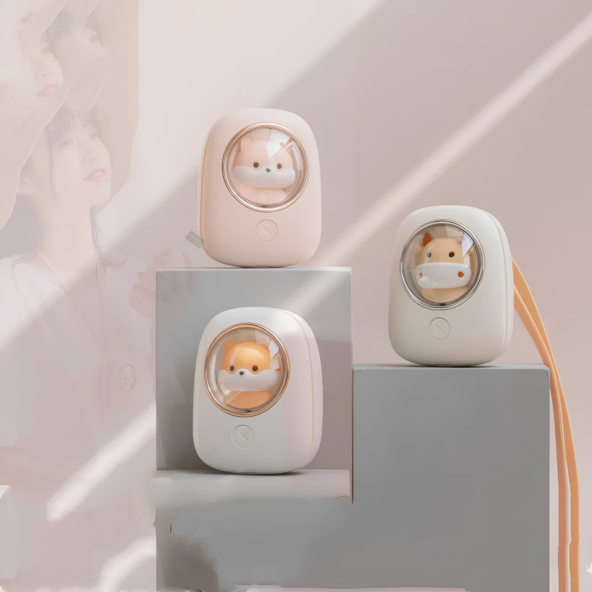 Portable hanging neck fan with USB charging port showing three speed controls and cute animal design