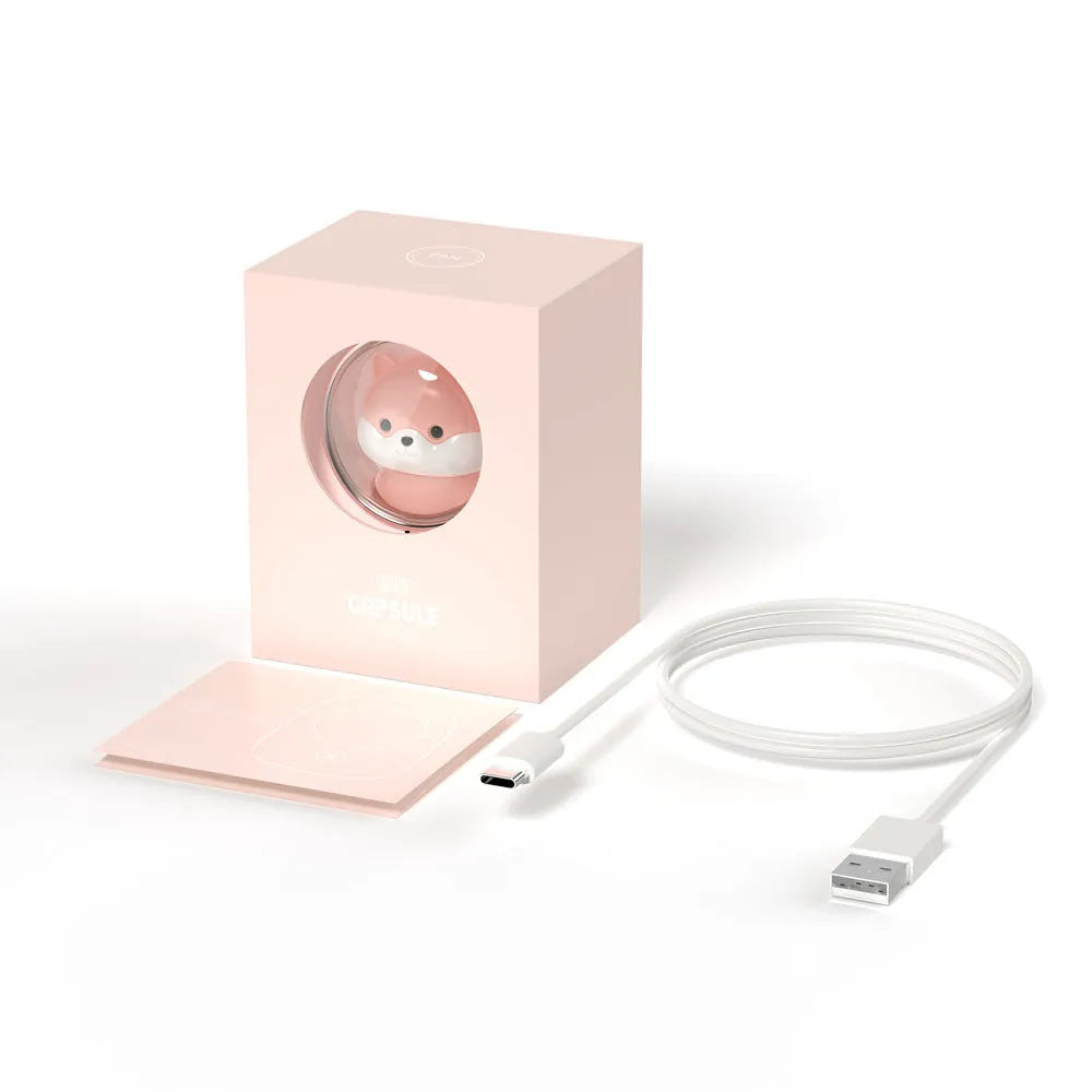 Portable hanging neck fan with USB charging port showing three speed controls and cute animal design